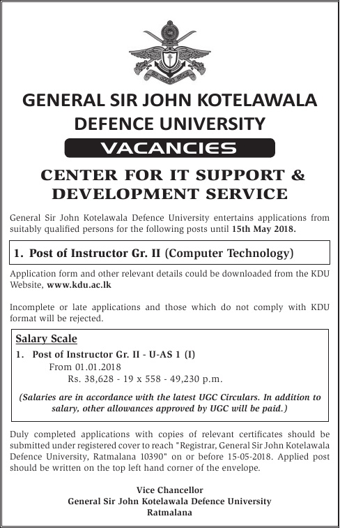 Instructor (Computer Technology) - General Sir John Kotelawala Defence University